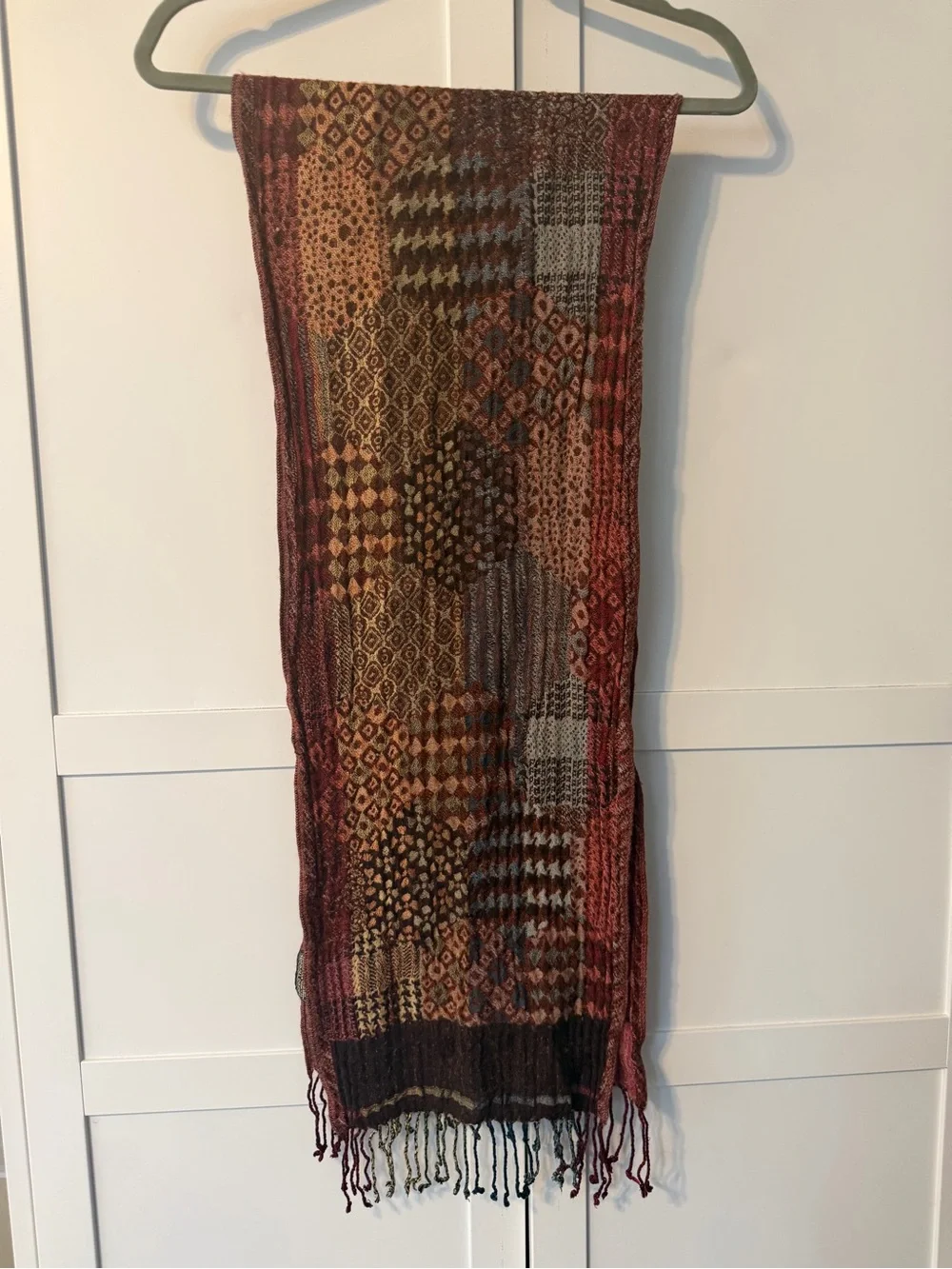 Sacred Threads Wool Viscose Patchwork Fringe Scarf Burgundy Boho